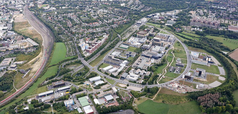 Foto des Areals vom zukünftigen Campus West aus der Luft.