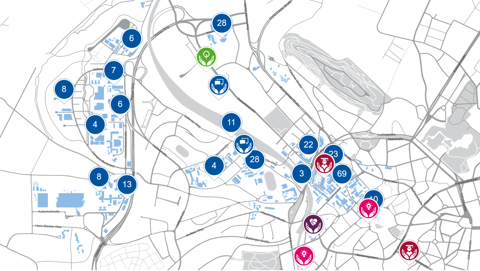 Das Bild zeigte eine schematische Karte des RWTH Campus. Auf der Karte sind Kreise mit Zahlen und farbigen Symbolen an bestimmten Stellen zu sehen. Die Zahlen markieren die räumliche Verortung von Projekten zur Nachhaltigkeit auf dem Campus.